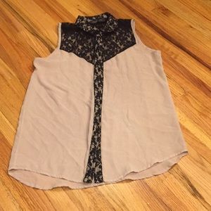 Tan and Black Lace Collar Button Down Tank Blouse